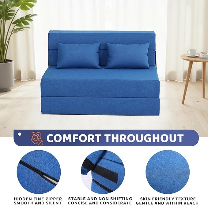 Folding Sofa Bed Foldable Sleeper Chair with Pillow Convertible Fold Out Chair Bed with Washable Cover Foldable Mattress for Living Room Bedroom Guest Room Standard Size Blue