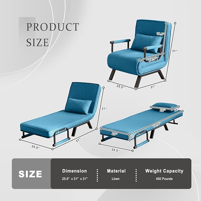 Convertible Sleeper Chair 5 in 1 Folding Sofa Bed with 5-Position Adjustable Backrest &amp Pillow Floor Single Chairs Cozy Futon Chair for Small Spaces Apartment Bedroom Office (Blue)
