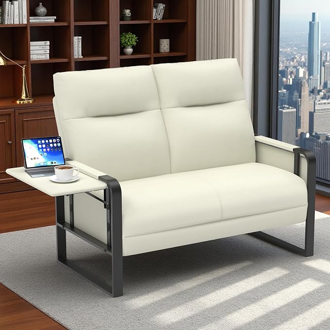 Modern Leather Loveseat Small Sofa with Side Tray &amp Pocket Upholstered Mini Couch for Living Room Office Guest Room Beige