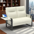 Modern Leather Loveseat Small Sofa with Side Tray &amp Pocket Upholstered Mini Couch for Living Room Office Guest Room Beige