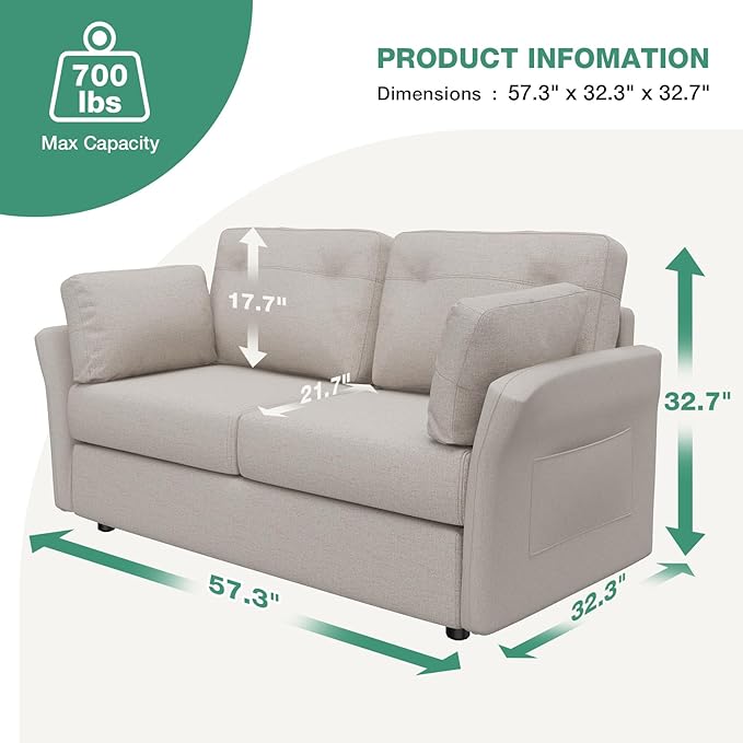 Novilla 57 Linen Loveseat - Small Sofa w/ 2 Bolster Pillows for Apartment Easy Assembly Beige
