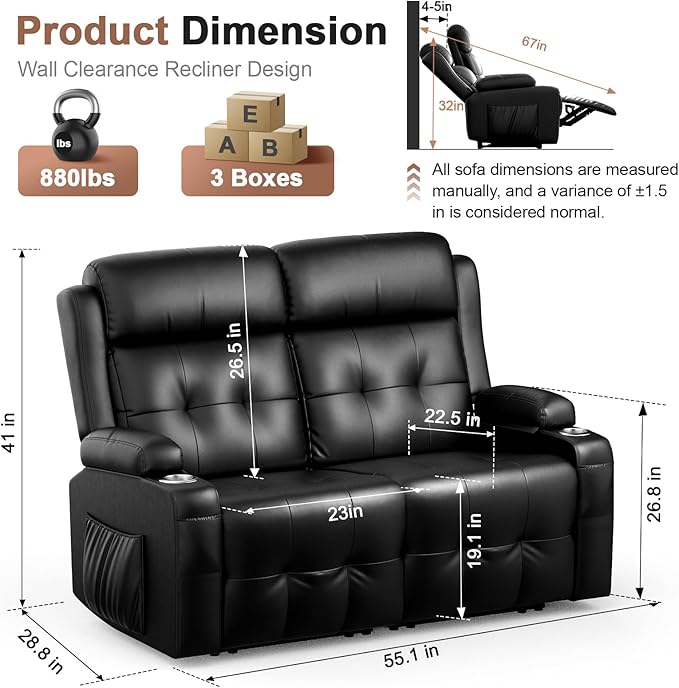 Loveseat Recliner Oversized Massage Reclining Sofa Heavy Weight Capacity RV Love Seat Chair Clearance with Storage Cup Holders Wall Hugger Couches for Living Room