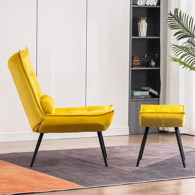 MCombo Accent Chair with Ottoman Modern Velvet Wingback Lounge Chair Upholstered Club Chair for Small Space Living Room &amp Bedroom 4079 (1 Yellow)