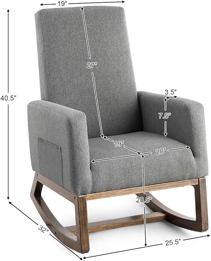 Giantex Rocking Chair Upholstered Living Room Chair with Padded Back and Seat Wood Base Rocking Chair for Nursery Home Office &amp School Use (Gray)