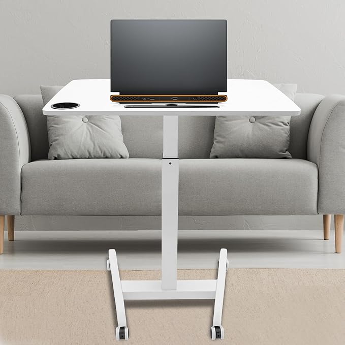 Adjustable Height Mobile Standing Desk with Wheels Pneumatic Lift Rolling Computer Table for Office Home Classroom White Iron Workstation w/Cup Holder &amp Pen Slot