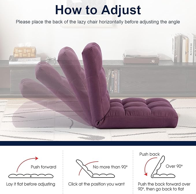 Folding Floor Chair with Back Support Adjust Lay Flat Recliner Oversized Lounge Wide Lazy Boy Gaming Ergonomic Single Sofa Seat for Living Room Bedroom(Purple)
