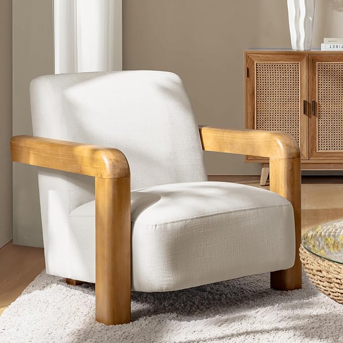 HULALA HOME Boucle Accent Chair Modern Low-Profile Leisure Armchair with Thick Padded Seat Cushion Solid Wood Frame &amp Curved Armrests Ideal for Living Room/Bedroom/Reading Corner(White)