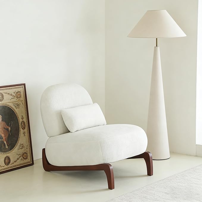Modern Comfy Upholstered Cloud Armless Accent Chair Cozy Fabric Lounge Chairs with Wood Legs &amp Pillow Comfortable Sofa Reading Chair for Living Room Bedroom Apartment Balcony Pure White
