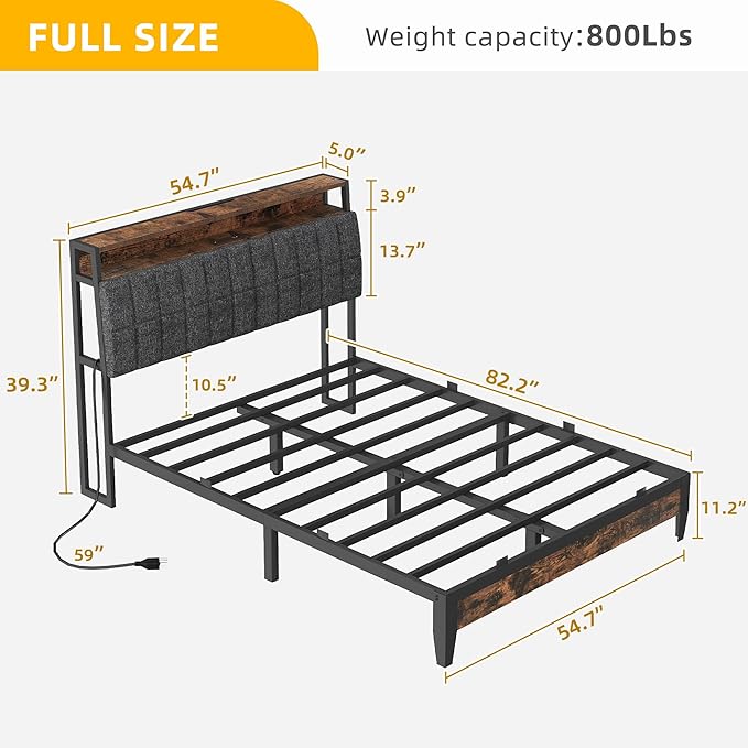 YITAHOME Full Size Beds with Charging Station 2-Tier Storage Headboard with RGB LED Lights Linen Upholstered Platform Beds Strong Wooden Slats No Box Spring Needed Noise Free Rustic Brown