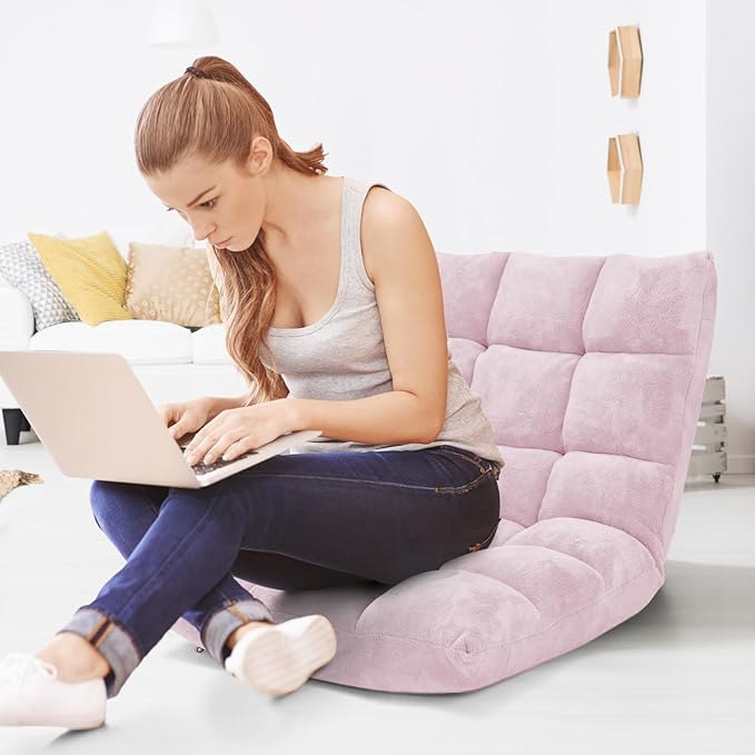 Moccha 14-Position Floor Sofa Folding Sofa Chair with Back Support Memory Foam Floor Gaming Chairs for Adults Adjustable Padded Couch Recliner Chaise Lounge for Reading Meditating (Light Pink)