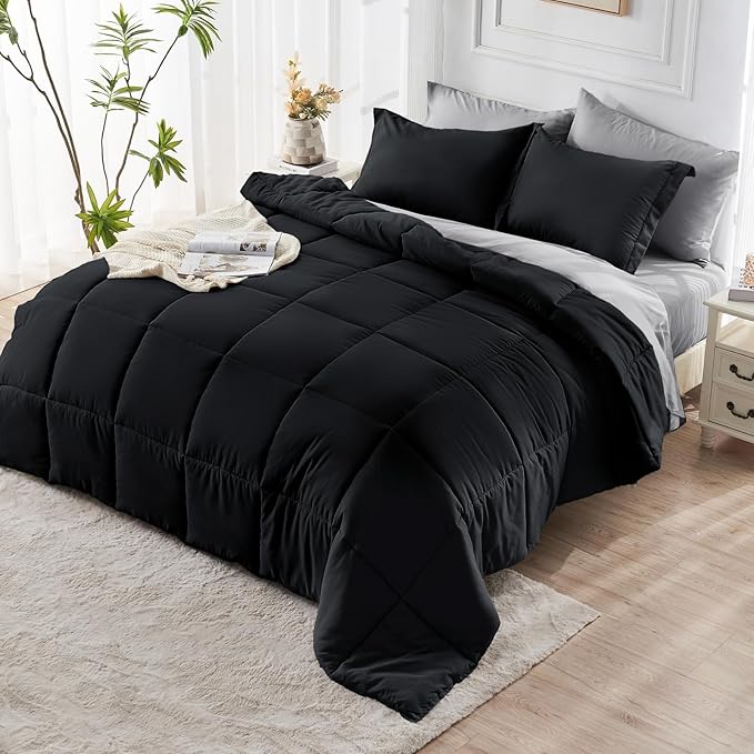 JOLLYVOGUE Twin XL Comforter Set Ultra-Soft Bed in a Bag Twin XL Size 5 Pieces Oeko-TEX Certified Bedding Set with Down Alternative Comforter Sheets Pillowcases &amp Shams Black &amp Light Grey