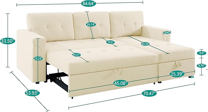 Naomi Home 85 in. Convertible Sofa with Storage Reversible L Shape Sofa Couch with Chaise Comfy Couches for Living Room Cream/Velvet