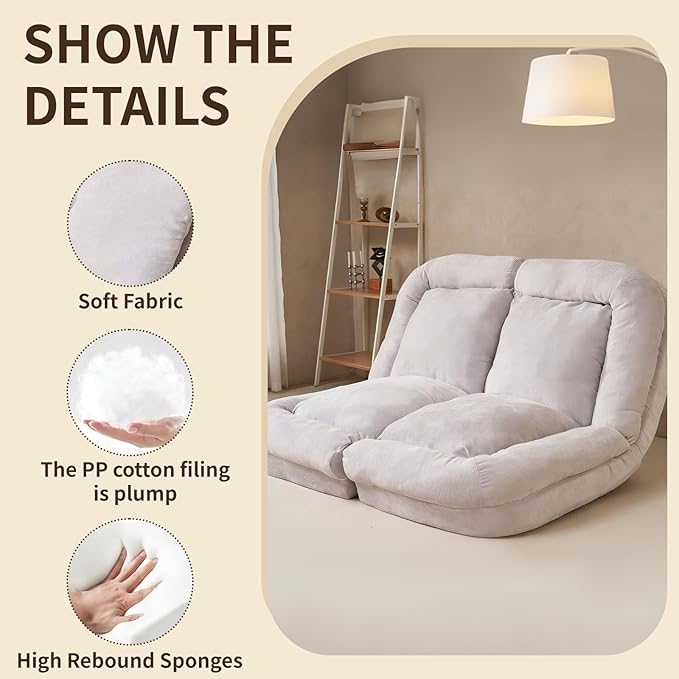 Convertible Fold-Out Lazy Sofa Bed - Adjustable Human Dog Bed for Adults Plush Upholstered Adjustable Sofa Couch with 18-Position Backrest 2-Person Floor Sofa Bed Space Saving Design (Double)