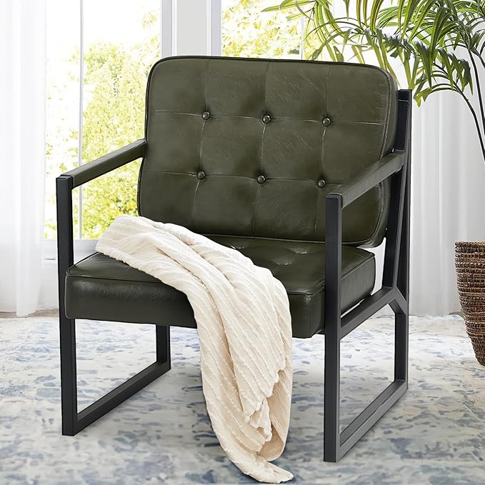 Modern Accent Chair Accent Arm Chair for Living Room Comfy Leather Armchair with Metal Legs for Bedroom Reception Waiting Room Green