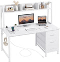 DLisiting White Computer Desk with Hutch &amp Drawers - Office Desk with 3 Storage Drawers and Power Outlets 47 Inch Modern Study Writing Desk for Bedroom Home Office