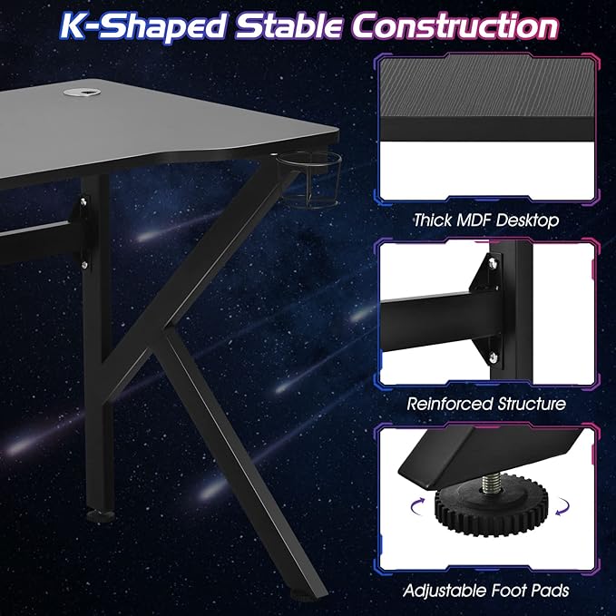 Tangkula 48 Inch Gaming Desk K-Shaped Racing Style PC Computer Desk with Cup Holder &amp Headphone Hook Gamer Workstation with 2 Cable Management Holes Ergonomic Home Office Desk for Gaming (Black