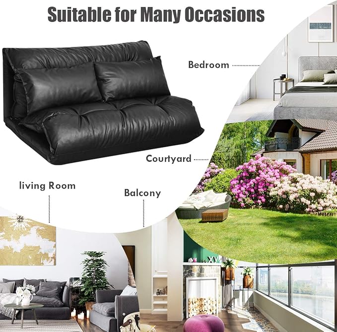 Giantex Convertible Sofa Bed Floor Couch with 2 Pillows PU Leather Loveseat Recliner Folding Lazy Sleeper Sofa 5 Position Video Gaming Sofa Mattress for Reading Living Room Bedroom