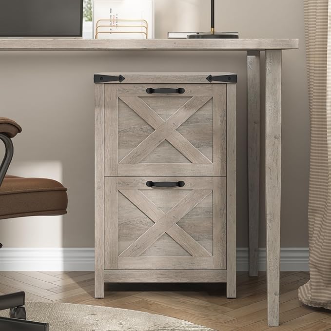 2 Drawer Small File Cabinet Farmhouse Vertical Filing Cabinet Fits Letter and A4 Size Under Desk Wooden File Cabinets for Home Office Printer Stand Grey