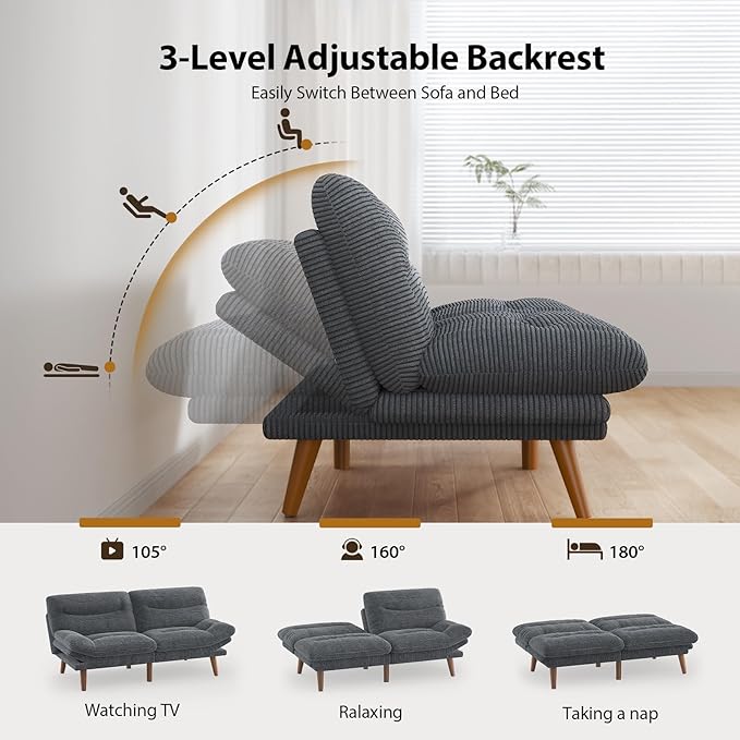Pipishell Futon Sofa Bed 66 Inch Corduroy Futon Couch Convertible with Adjustable Backrest and Armrests Recliner Sleeper Sofa for Small Spaces Living Room Office Guest Room (Grey 66 Inch)
