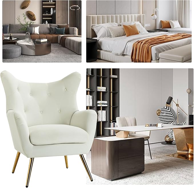 HULALA HOME Velvet Accent Chair Set of 2 Modern Wingback Arm Chair with Metal Gold Legs Velvet Tufted Upholstered Single Sofa(Ivory)