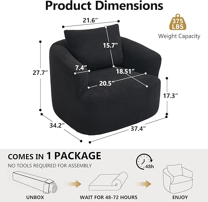 Swivel Accent Chair Boneless Sofa Chair with 360 Rotation Premium Teddy Velvet Foam Lounge Chair for Bedroom Living Room Comfy Reading Armchair Black