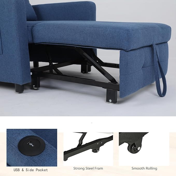 3-in-1 Convertible Sleeper Chair Pull-Out Chair Sleeper with USB Ports and Side Pocket Adult Chair Beds Adjustable Sofa Bed Chairs for Living Rooms and Small Spaces Navy Blue