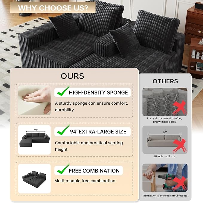 96 Cloud Sectional Couch with L-Shape Chaise4 Seat Modern Modular Sofa with Side PocketsUpholstered Couches for Living Room Bedroom Boneless CouchNo Assembly Required