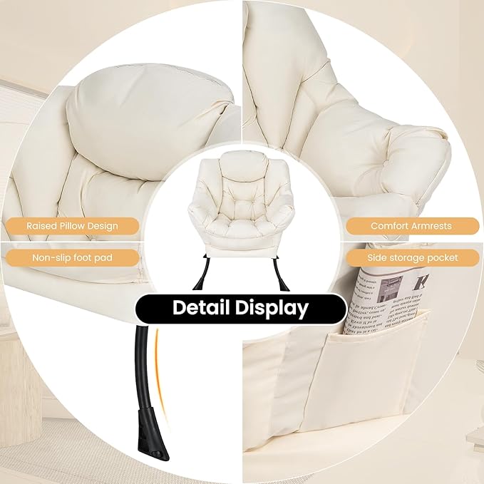 GORELAX Modern Lazy ChairUpholstered Lounge Accent Chair Single Leisure Sofa Chair with Armrests &amp Side Pocket Comfy Reading Chair for Bedroom Living Room Dorm Room (Beige)