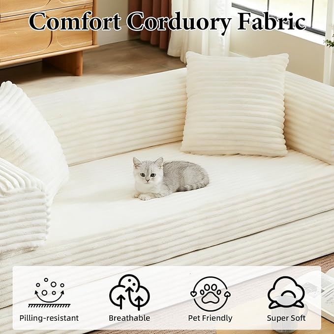 Folding Convertible Sleeper Sofa Bed Corduroy Upholstered Boneless Couch with Pillows Modular Floor Sofa Compression Couch for Living Room No Assembly Required (Beige)
