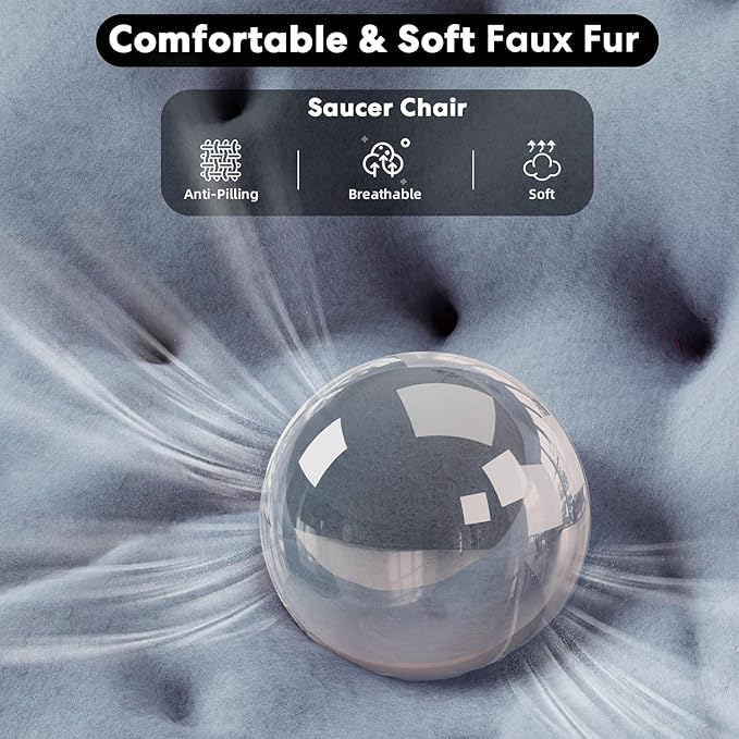 HealSmart Saucer Chair Comfy Faux Fur Folding Moon Chair with Metal Frame Cozy Round Chair Lounge Lazy Chair for Living Room Bedroom Adults Kids Teens Grey