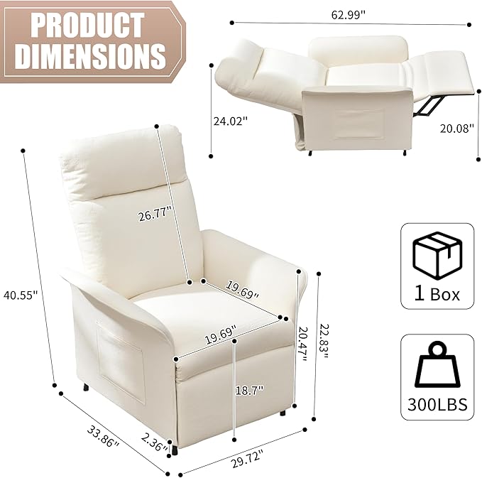 Power Recliner Chair Adjustable Electric Recliner Chairs for Adults Sleeper Sofa Bed with Remote Control &amp Side Pocket Linen Upholstered Chair for Living Room/Bedroom Easy Assembly Beige
