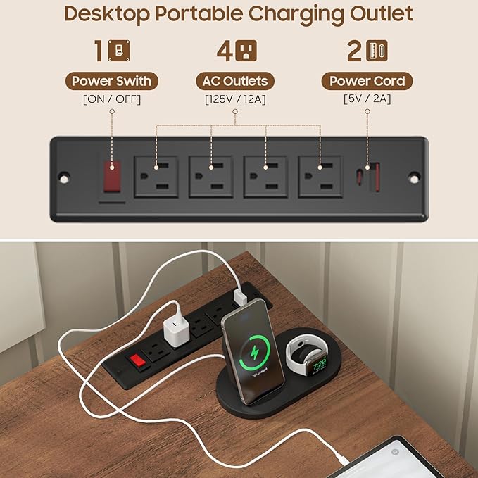 Vabches Wood L Shaped Executive Desk with 6 Drawers Farmhouse Home Office Desk with Power Outlets and Triangle Under-Desk Storage Shelf &amp Drawer File Cabinet Corner Computer Desk Brown