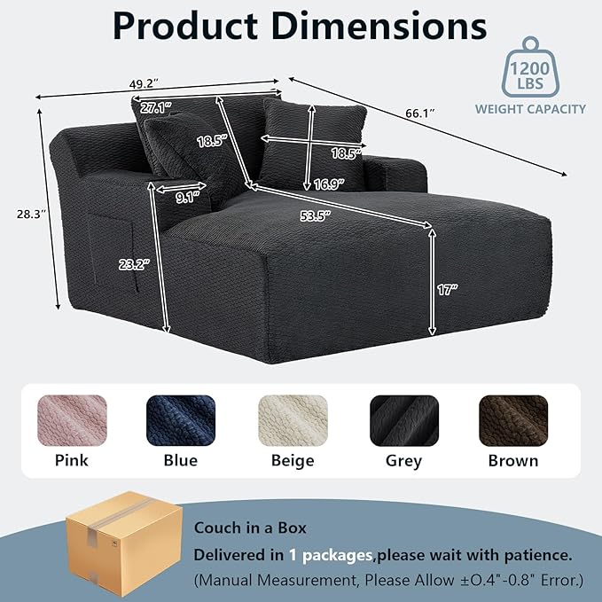 49.2Oversized Chaise Lounge Chair IndoorFaux Fur Boneless Reading Chair with Cup Holder&ampSide PocketsCloud Sofa BedComfy Modern Sleeper Chairs in Box for Living RoomNo Assembly(Dark Grey)