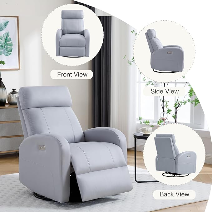 Power Swivel Rocker Recliner Faux Leather Rocking Recliner Chair with USB Port Swivel Glider Reclining Chair Nursery Recliners for Living Room Grey