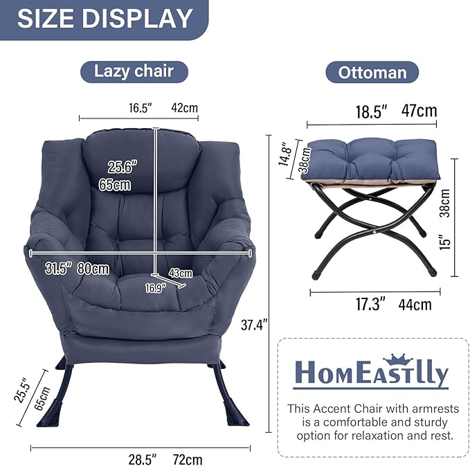 Lazy Chair with Ottoman Large Navy Accent Chair with Ottoman Comfy Reading Armchair Leisure Sofa Chair for Living Room Bedroom Dorm Room Office