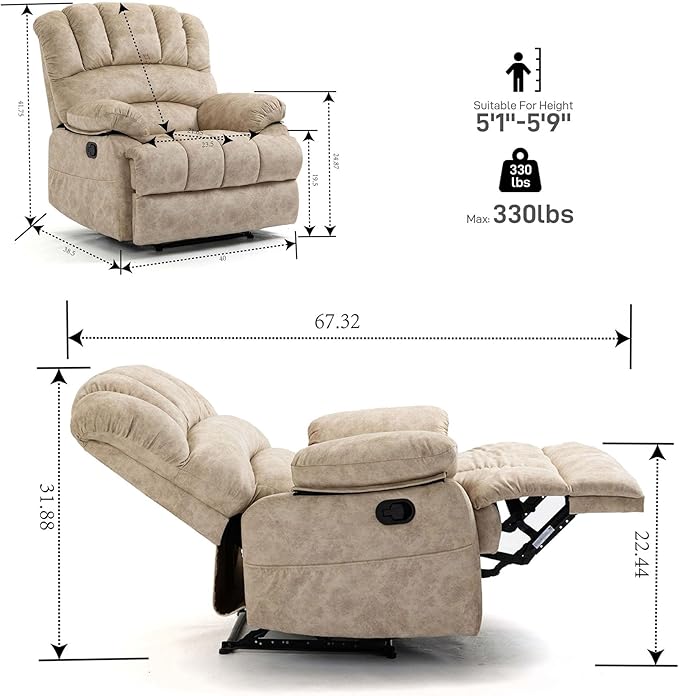 Modern Manual Recliner Chair for AdultsLazy Boy Recliner Chair Oversized Single Sofa with Footrest&ampAdjustable BackrestPocketsFabric (Beige)