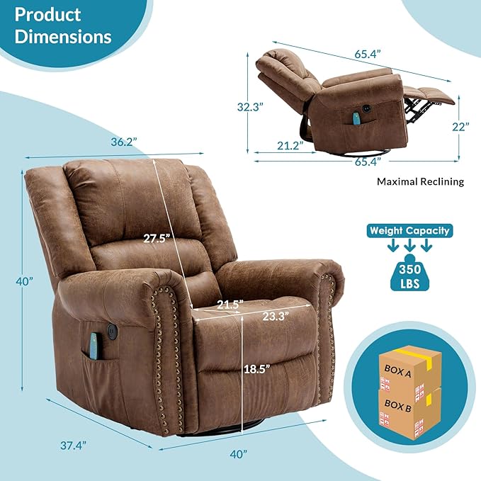 Manual 360 Degree Swivel Glider Rocker Recliner Chair with Massage and Heat USB Ports and 2 Side Pockets Bronze Suede Like Fabric Brown