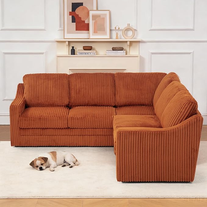 89 Inches Corduroy Sectional Sofa with High Density Sponge Modern 5 Seats Corner Couch with Deep Seat Comfy Modular L Shaped Couch with Comfortable Back Cushions for Living Room Orange