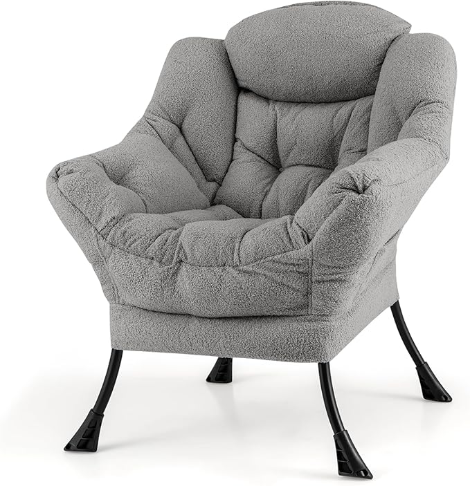 Giantex Lazy Chair Modern Sherpa Accent Chair w/Steel Frame Upholstered Single Sofa Chair w/Armrests &amp Side Pocket Leisure Reading Lounge Chair for Living Room Bedroom Office Dorm (Gray)