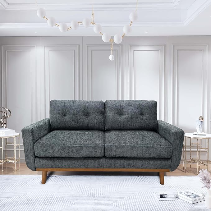 67.7 Loveseat Sofa Couch Mid-Century Modern Love Seat Couches for Living Room Button Tufted Upholstered Small Loveseats for Small Space Office Bedroom with Wooden Legs (Blue Gray)