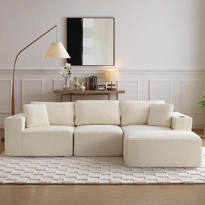 110”Modular Sectional SofaCloud Boneless Couch with Deep SeatModern Modular L-Shape Sofa Couch with 0ttomanUpholstered Couches for Living Room Bedroom (Beige)