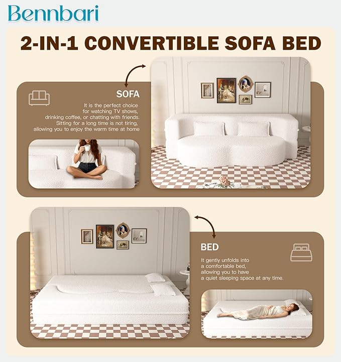 2 in 1 Convertible Sleeper Sofa Bed 15 Thick Twin Size Folding Floor Couch with 2 Pillows Teddy Fabric Foam-Filled Futon Loveseat for Living Room Guest Use Office &amp Apartment (Beige)