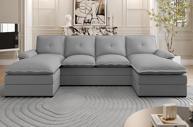 U Shaped Sectional Couch for Living Room110 4-Seater Comfy Couch with Double ChaiseDeep Seat Modular Sofa Couches with Thick Cushion &amp Soft BackrestLight Grey
