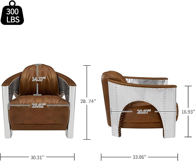 Zouron Genuine Leather Accent Chair Upholstered Aviator Chair with Aluminum Legs Vintage Leather Single Sofa Barrel Chairs Cognac