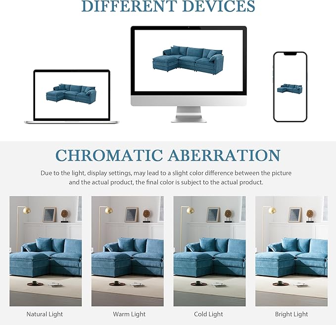 roomfitters 103 Chenille Sectional Sofa L Shaped Cloud Couch with Deep Wide Seat 4 Seat Sofa with Ottoman Blue