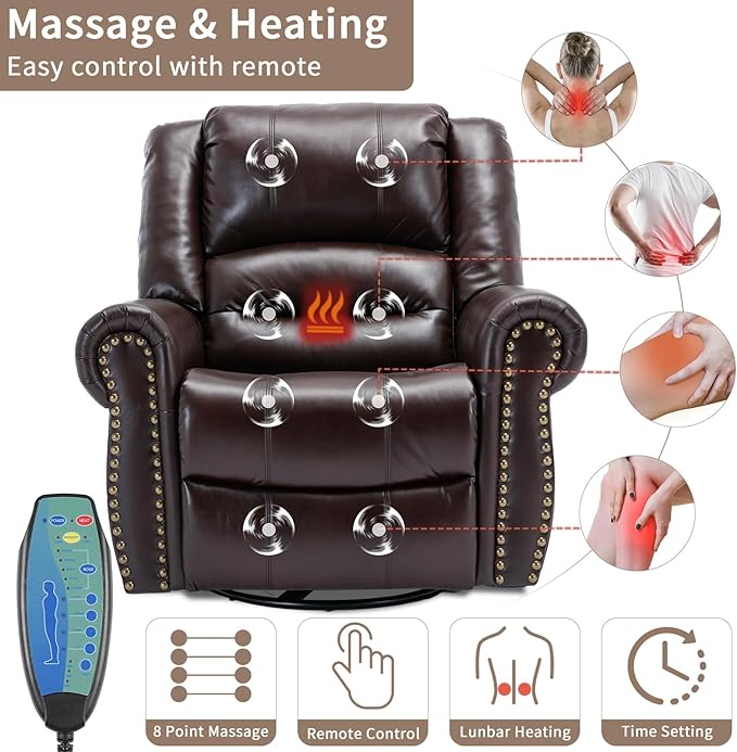 Manual Massage Swivel Rocker Recliner with Heat and Vibration 360° Swivel Glider Rocking Recliner Chair Classic Living Room Lounge Recliners with Side Pockets &amp USB Ports Brown