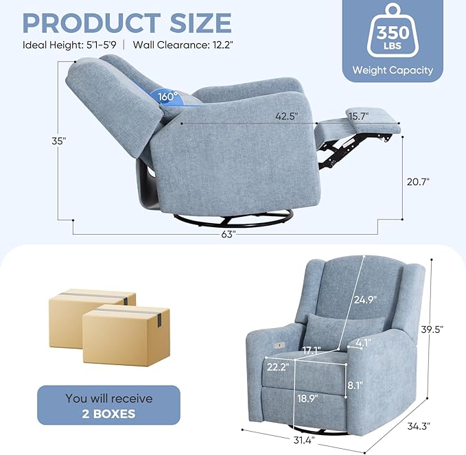 Power Recliner Chair Swivel Glider Large Rocker Recliner w/USB Charging Port Chenille Upholstered Nursery Glider for Bedroom NurseryLiving Room Set of 2 Blue
