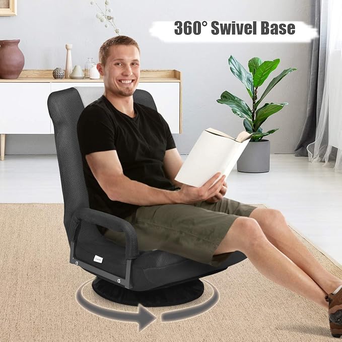 Giantex Floor Chair 360 Degree Swivel Chair with Adjustable Backrest Lumbar Support Armrest Foldable Lazy Sofa Rocker for TV Reading Playing Video Games Black/Grey
