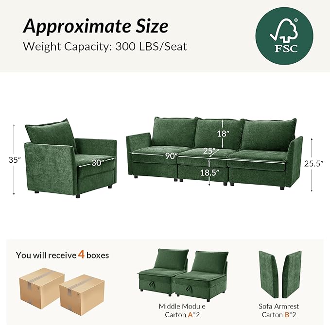 HULALA HOME Modern Chenille Sofa Set Single Seat Sofa 3 Seat Sofa 2 Piece Cloud Couches Set with Storage Comfy Deep Upholstered Armchair Couches for Living Room Apartment Green