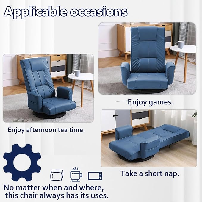 360 Degree Swivel Floor Chairs for Adults Faux Leather Gaming Floor Chair with Back Support 14 Angles Adjustable Comfortable Floor Lounge Chair Folding Video Game Chairs Office Bedroom